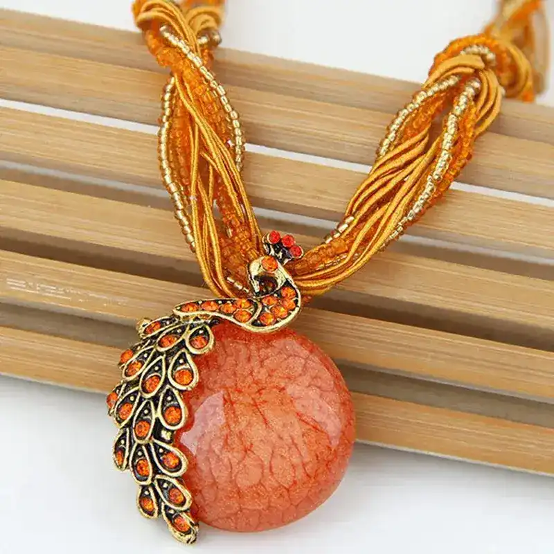 (DEMO) Boho Ethnic Jewelry Choker Handmade Pendant Necklace Stone Bead Peacock Statement Maxi Necklace For Women